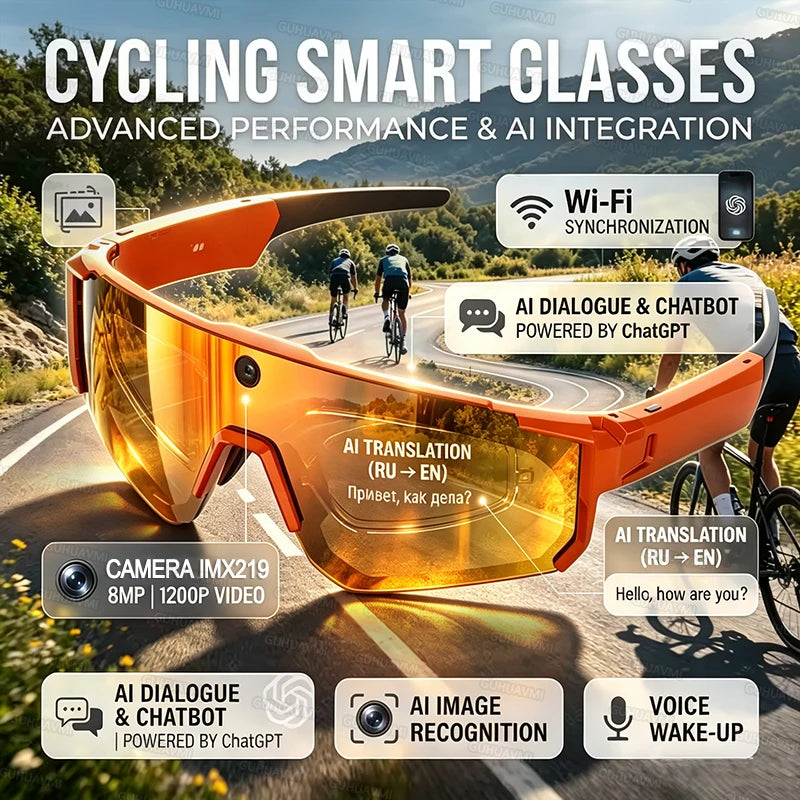 AI Sport Smart Glasses with Camera 4K 60FPS Anti-Shake POV Video Open-Ear Audio Voice Assistant Cycling Sunglasses for Men Women
