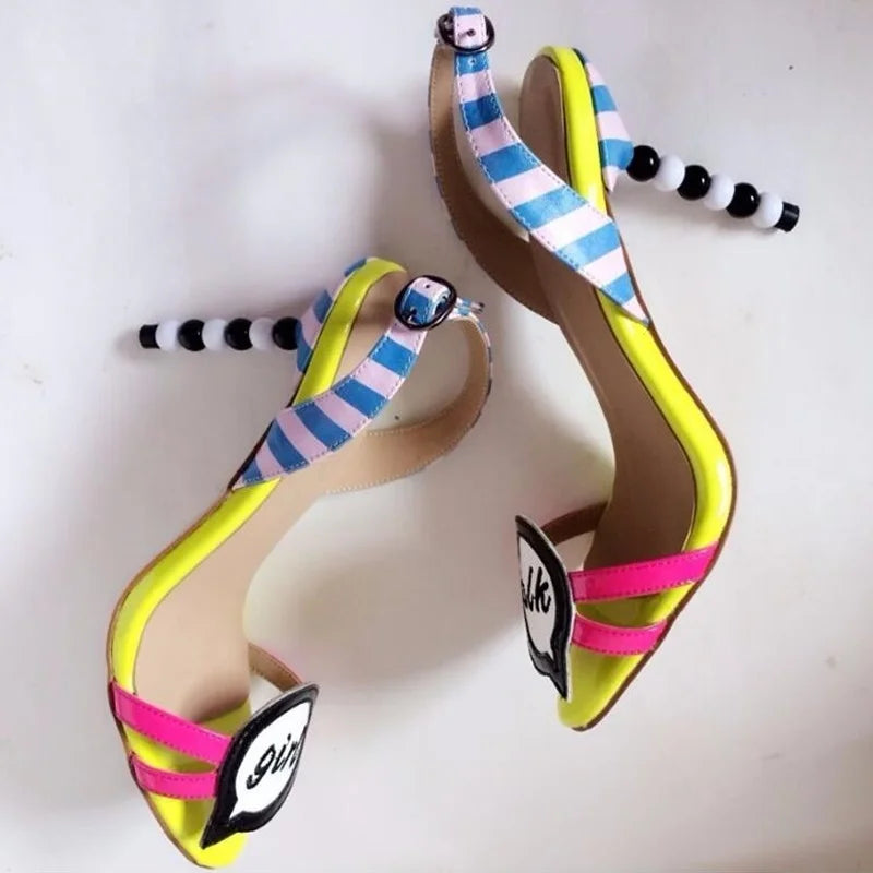 Women Slingback Sandal String Beading Heel Yellow Pink Printed Leather Gladiator Pearl Heels Patchwork Celebrating Summer Shoes