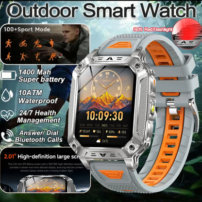 2026 New Military Grade 1400mAh Sports Smart Watch 10ATM Waterproof Flashlight Heart Rate Bluetooth Call Outdoor Smartwatch Men