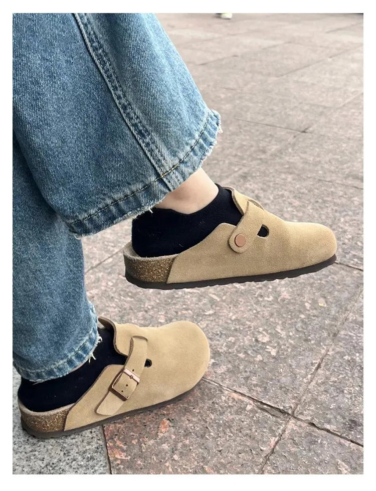 Women Men Suede Leather Clogs Adjustable Buckle Cork Footbed Non-slip Casual Mules Slippers