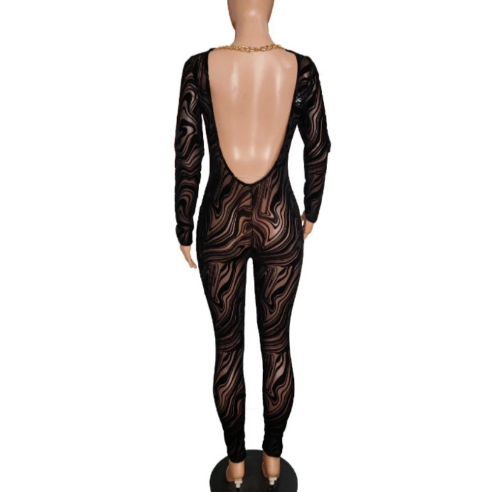 FAGADOER Spring New Sexy Jumpsuit Women Black Printing Mesh Backless Bodycon Rompers Fashion Female Streetwear Overalls 2025