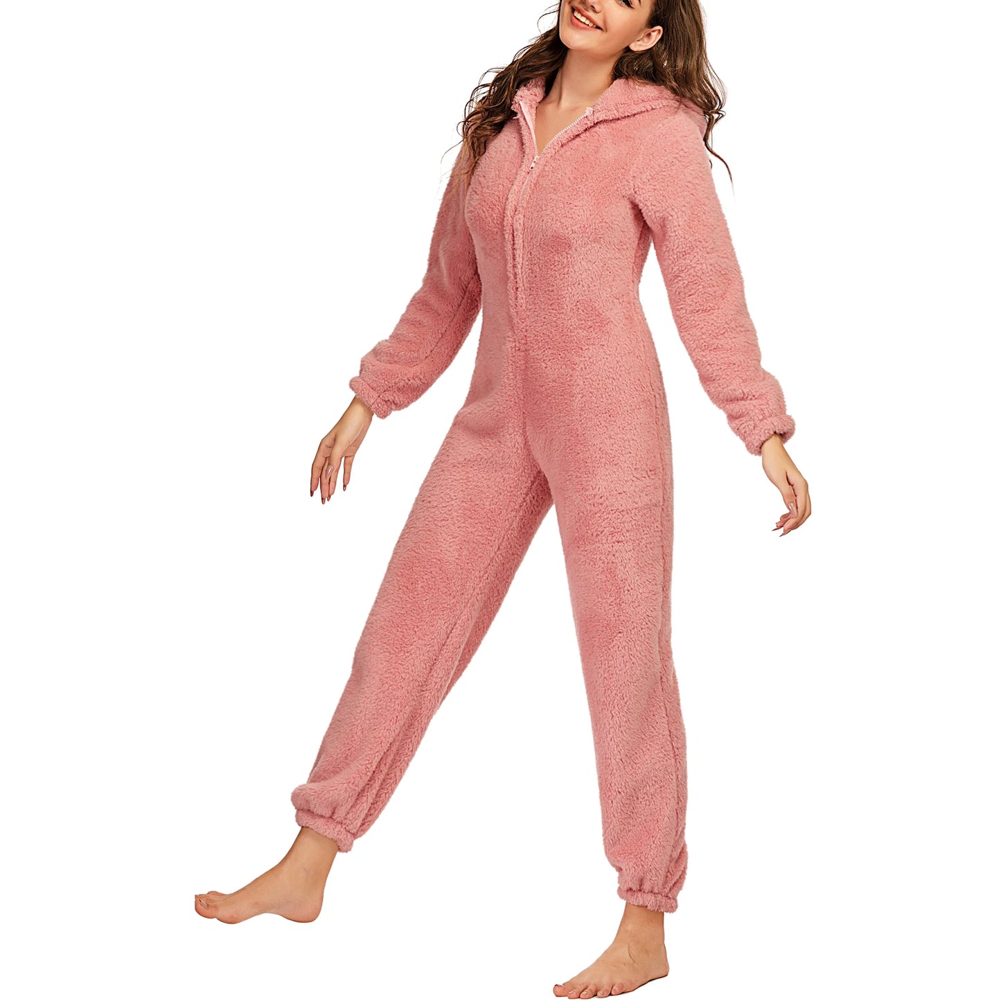 Women Winter Warm Plush Romper Pajamas Solid Color Long-Sleeve Zipper High Neck Hooded Homewear S/M/L/XL/2XL