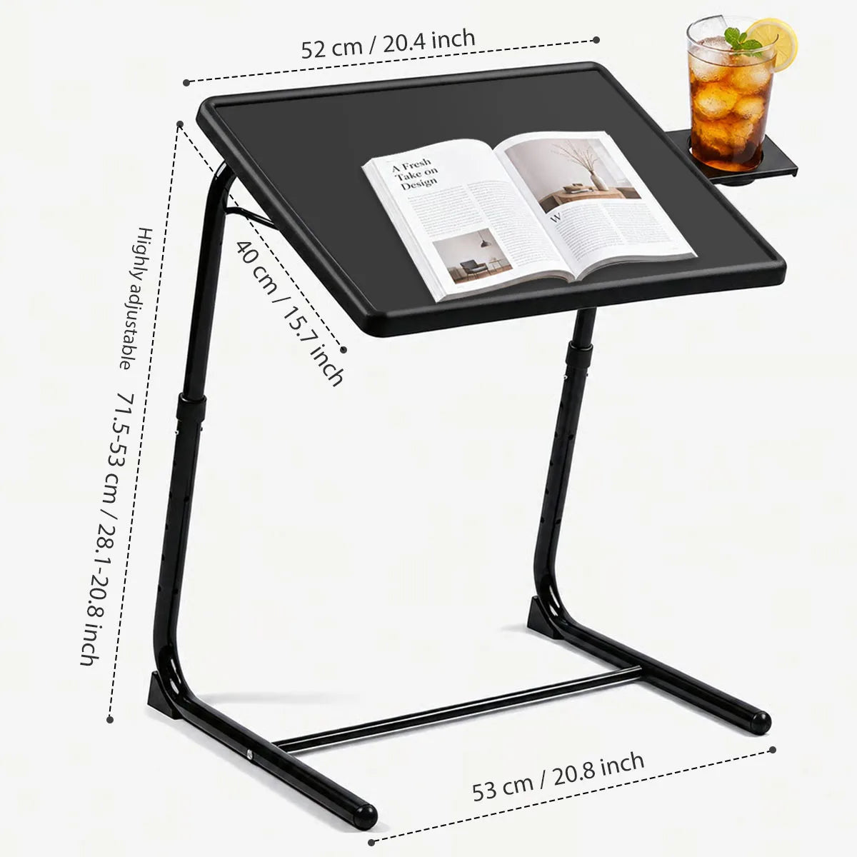 Adjustable Laptop Bed Table 6‑Level Height 3‑Angle Tilt Foldable Side Desk with Cup Holder Metal Frame Portable Reading Eating Table for Bed Sofa Wheelchair Home Office