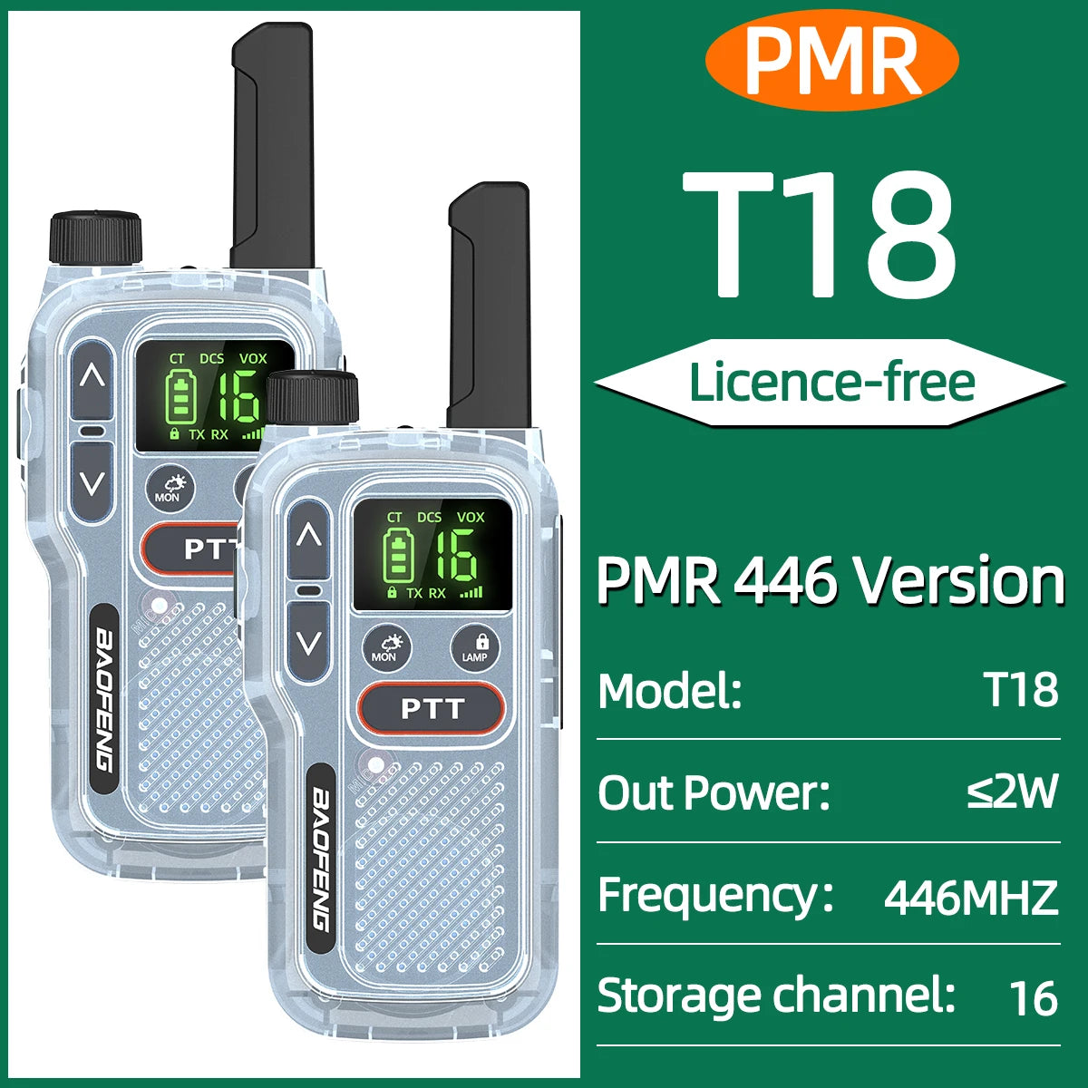 2pcs Baofeng T18 Mini Walkie Talkie Long Range PMR FRS Rechargable Portable Two Way Radio Type-C Charger VOX for Camping Trip