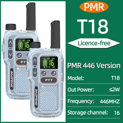 2pcs Baofeng T18 Mini Walkie Talkie Long Range PMR FRS Rechargable Portable Two Way Radio Type-C Charger VOX for Camping Trip
