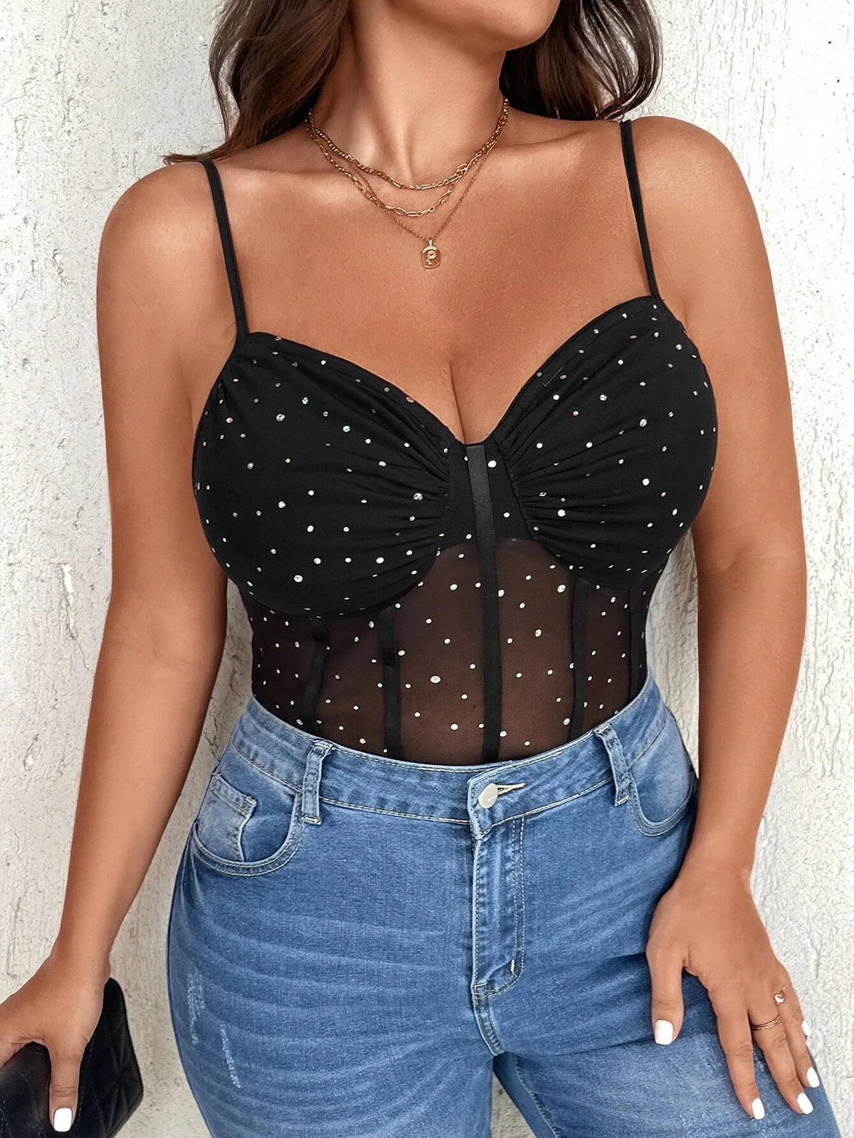 Plus-size Women's Rhinestone Shimmering See-through Bodysuit, Backless Lace Halter Mesh Sexy Bodysuit, Can Be Worn as an Outer G