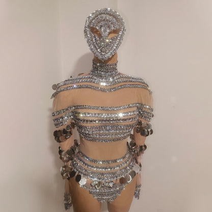 Silver Rhinestone Sequin Dance Set Women Sexy Bodysuit Gogo Latin Pole Dancing Stage Performance Wear Nightclub Drag Queen Show