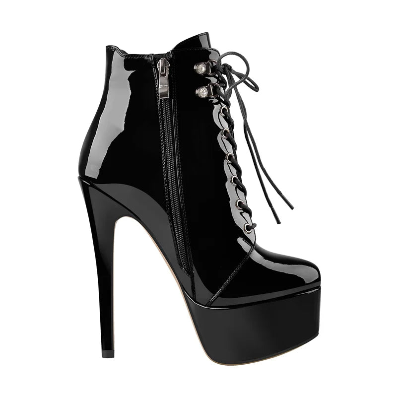 Onlymaker Women Lace-Up Ankle Boots Shoes 16cm High Thin Heel 4cm Platform Fashion Heels Boots Plus Size 35-46