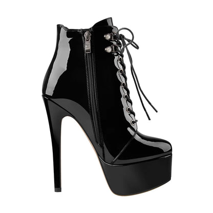 Onlymaker Women Lace-Up Ankle Boots Shoes 16cm High Thin Heel 4cm Platform Fashion Heels Boots Plus Size 35-46