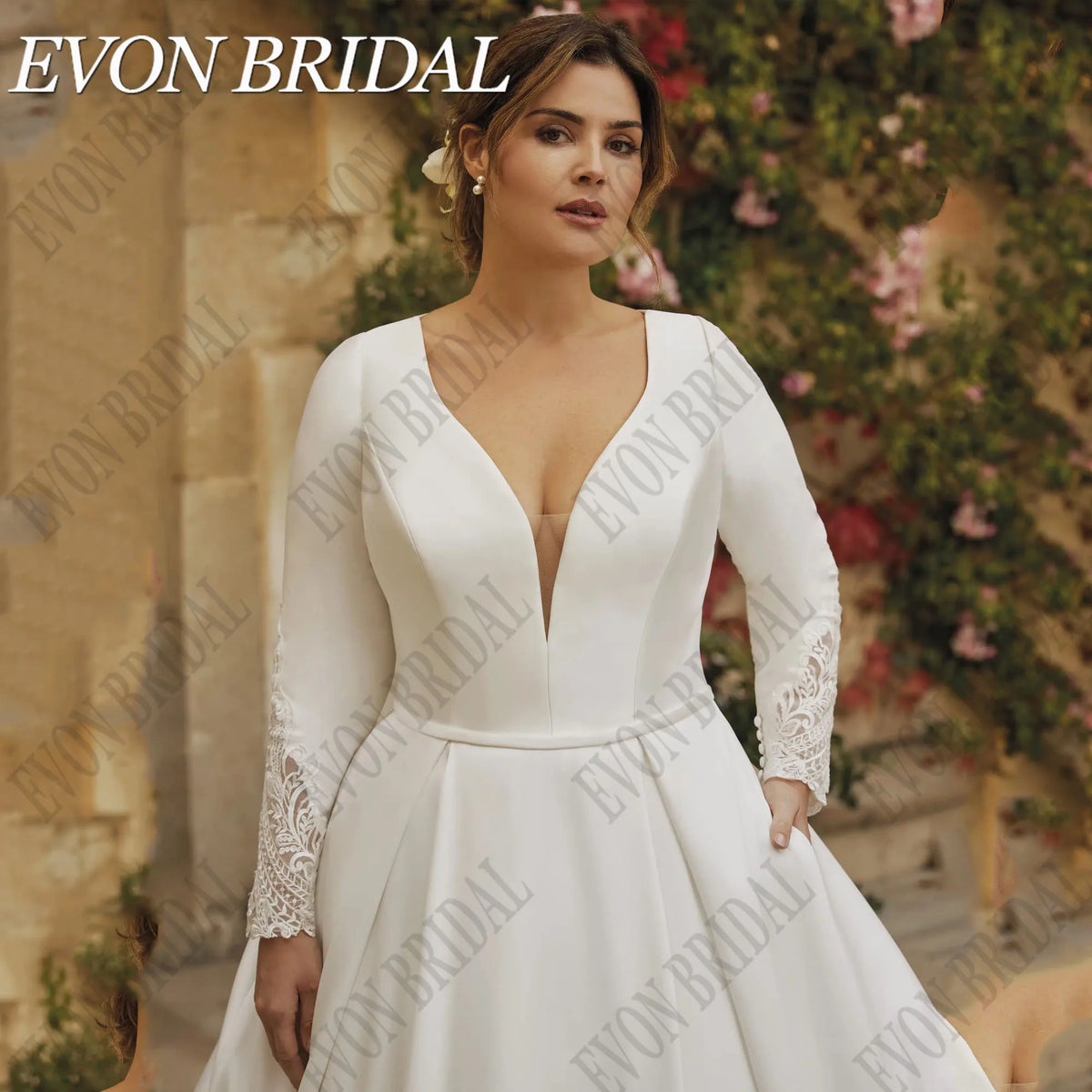 EVON BRIDAL Plus Size Vintage Wedding Dresses 2024 Bride Satin A-Line Bride Gown Vestidos De Novia V-Neck Applique Long Sleevs