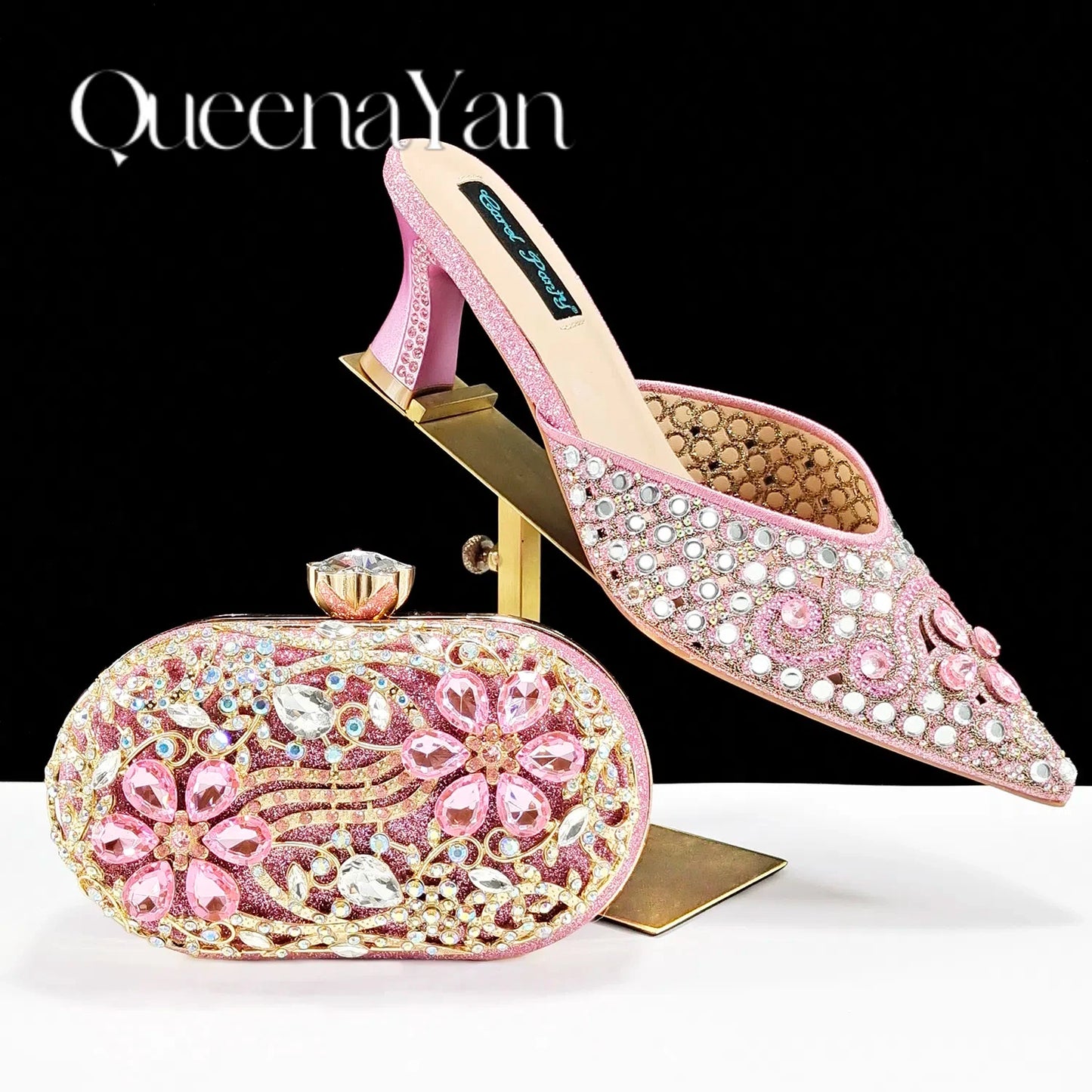 QUEENA YAN Luxury Pink Rhinestone Party Shoes and Clutch for Women- Elegant Crystal Heels with Matching Evening Bag