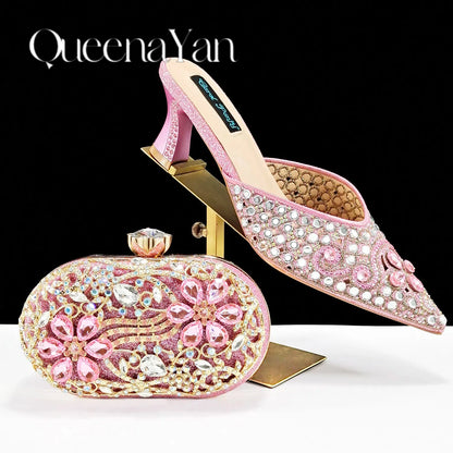 QUEENA YAN Luxury Pink Rhinestone Party Shoes and Clutch for Women- Elegant Crystal Heels with Matching Evening Bag