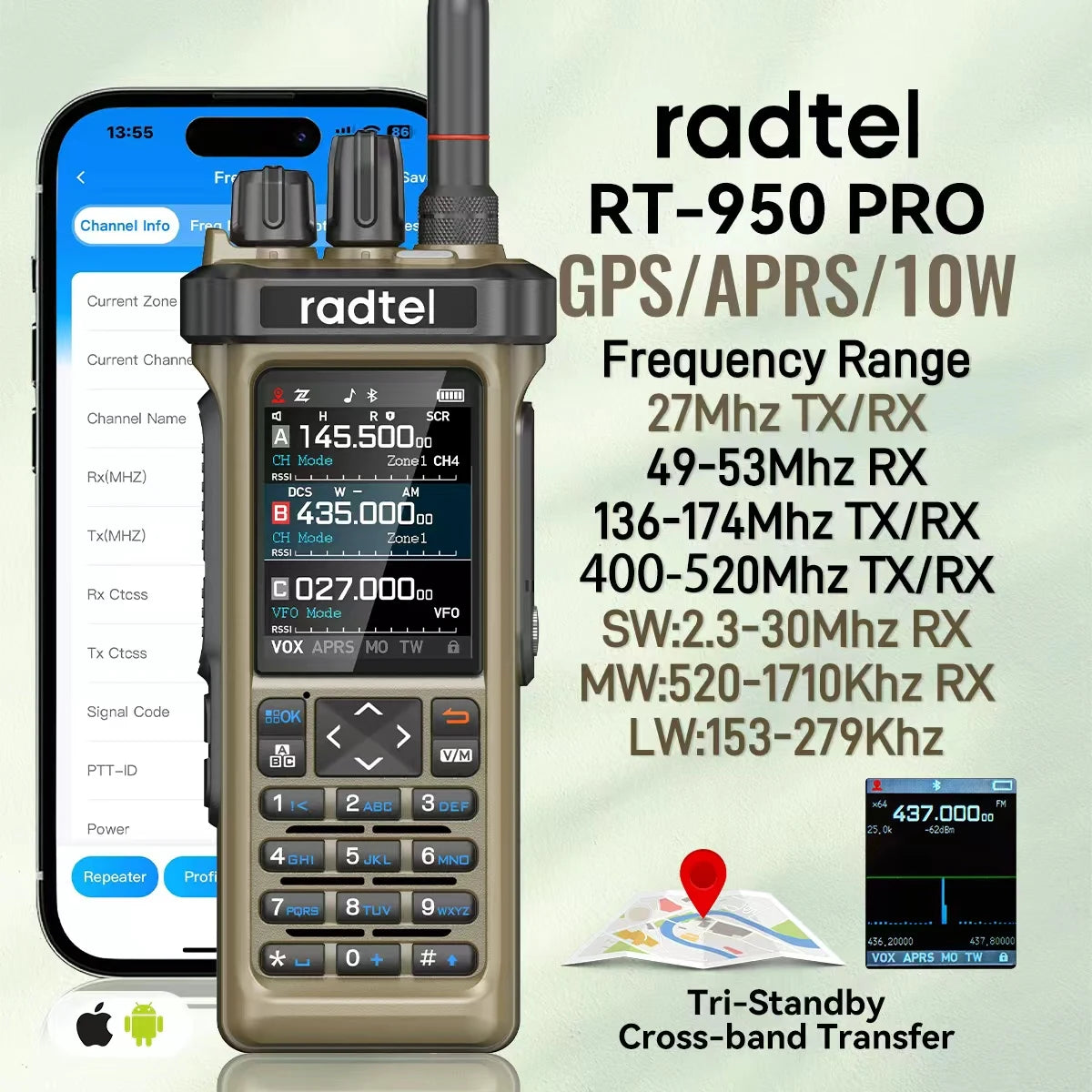 Radtel RT-950 Pro Sand Color + Programming Cable Walkie Talkie with GPS APRS 10W Bluetooth Phone Programming Ham Radio RT-950PRO