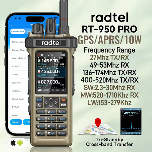 Radtel RT-950 Pro Sand Color Walkie Talkie with GPS APRS 10W Bluetooth Phone Programming Ham Radio RT-950PRO SSB CW AM FM Radio