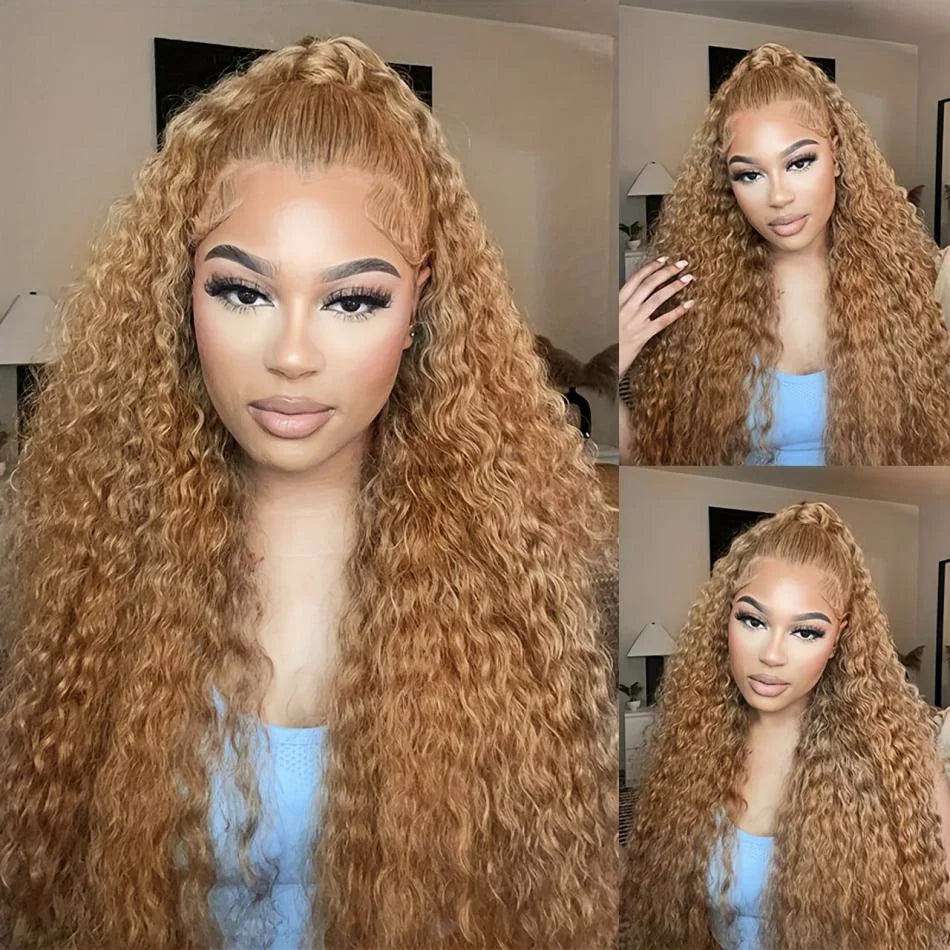 #27 Honey Blonde Curly Human Hair Wig 13X6 Deep Wave Frontal Wig 30 36 Inch 13X4 Hd Transparent Lace Front Colored Wigs