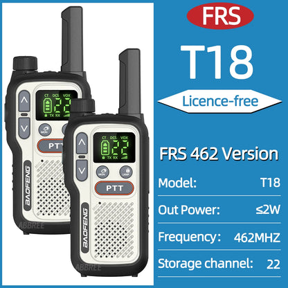 2pcs Baofeng T18 Mini Walkie Talkie Long Range PMR FRS Rechargable Portable Two Way Radio Type-C Charger VOX for Camping Trip
