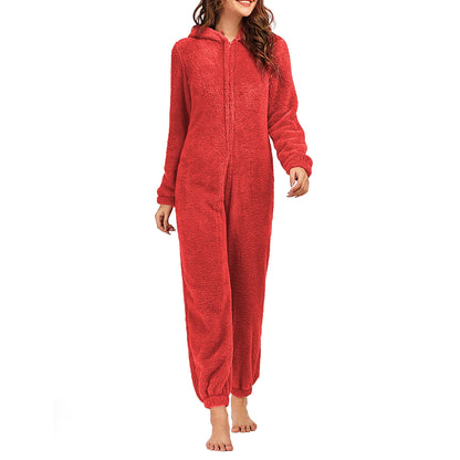 Women Winter Warm Plush Romper Pajamas Solid Color Long-Sleeve Zipper High Neck Hooded Homewear S/M/L/XL/2XL