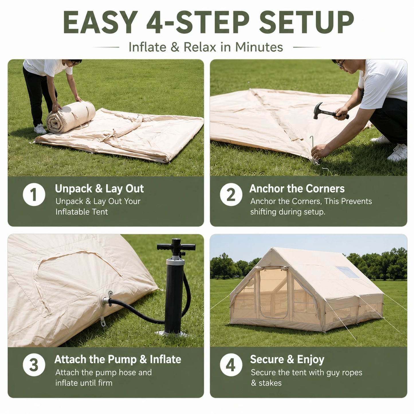 Large Luxury Inflatable Glamping Tent with Manual Hand Pump and Storage Bag, Easy Setup 4-Season Weatherproof Anti-Snow Family Air Tent for Outdoor Camping, Hiking, Backyard Parties and Wilderness Adventures