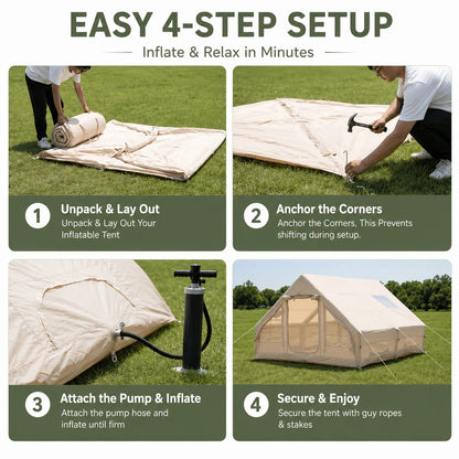 Large Luxury Inflatable Glamping Tent with Manual Hand Pump and Storage Bag, Easy Setup 4-Season Weatherproof Anti-Snow Family Air Tent for Outdoor Camping, Hiking, Backyard Parties and Wilderness Adventures