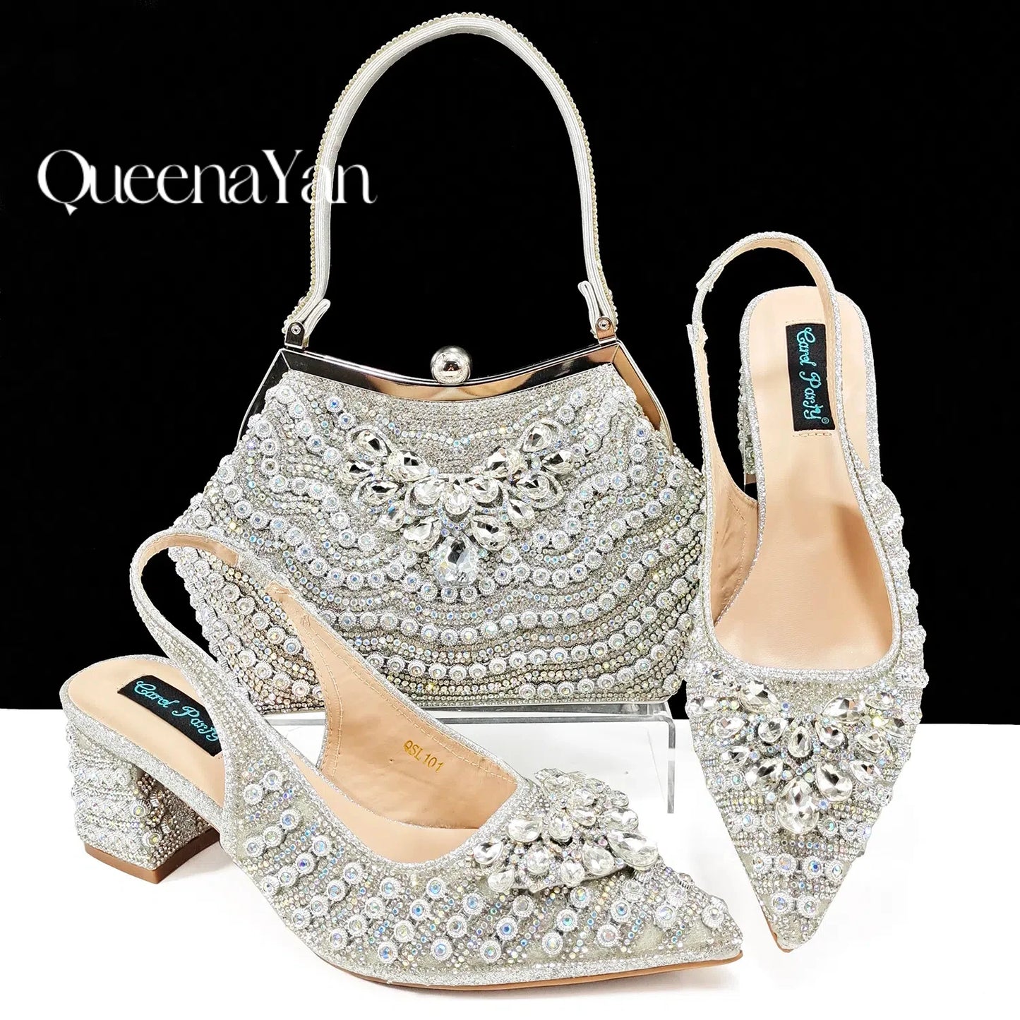 QUEENA Yan  Dazzling Dreams: Full Rhinestone High Heels and Coordinated Bag for Timeless Style