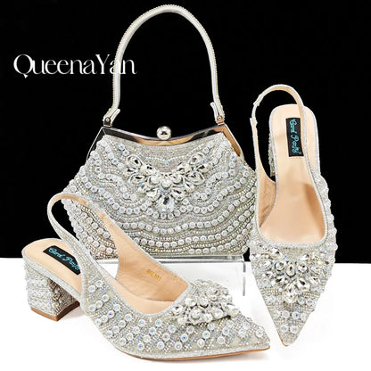 QUEENA Yan  Dazzling Dreams: Full Rhinestone High Heels and Coordinated Bag for Timeless Style