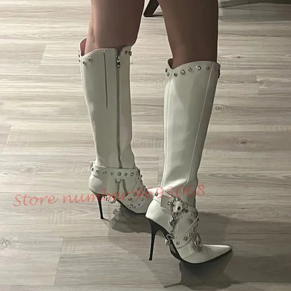 Pointy Hottie Biker Long Boots Women Sexy Crystal Rivets Belt Buckle Stiletto Heels White Boots Winter Outfit Fashion Lady Shoes