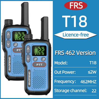 2pcs Baofeng T18 Mini Walkie Talkie Long Range PMR FRS Rechargable Portable Two Way Radio Type-C Charger VOX for Camping Trip