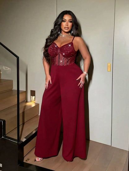 Plus-size women's sexy wide-leg jumpsuit, a stylish backless jumpsuit with shimmering stretch mesh, suitable for dates, parties
