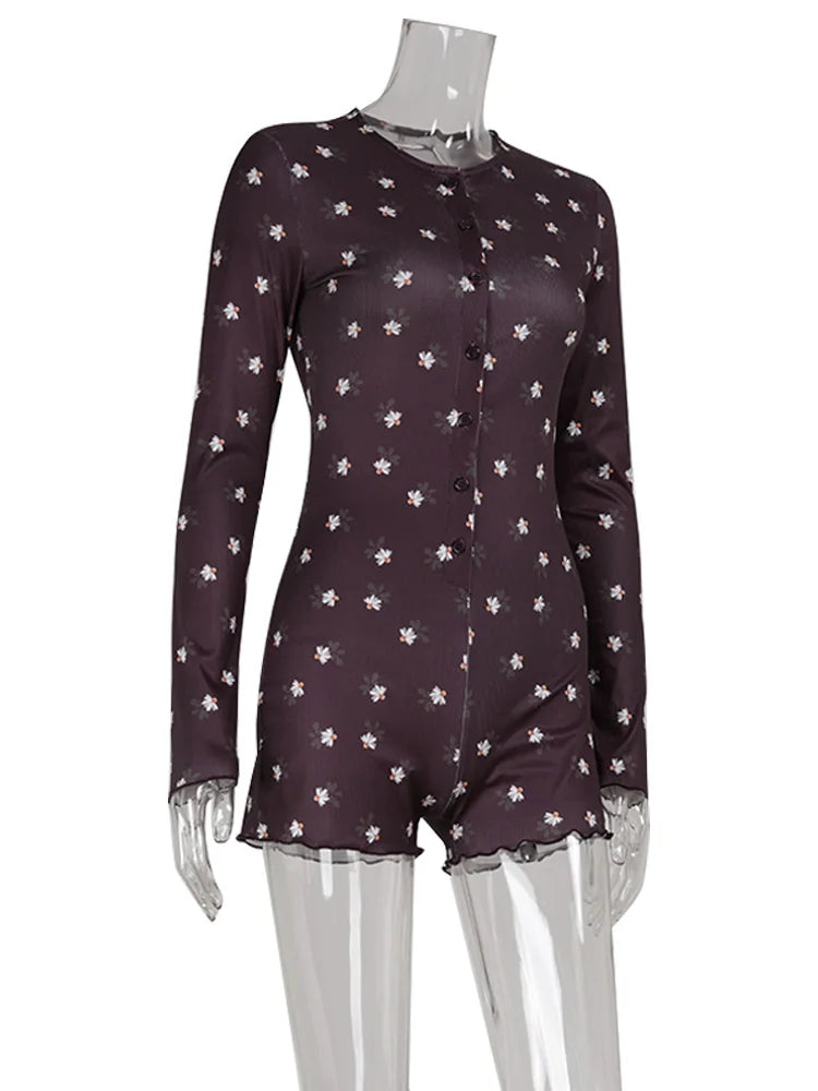 Ahagaga Casual Women Playsuits O-Neck Regular Long Sleeves Print Single Breasted Skinny Homewear Floral Sweet Femlae Rompers