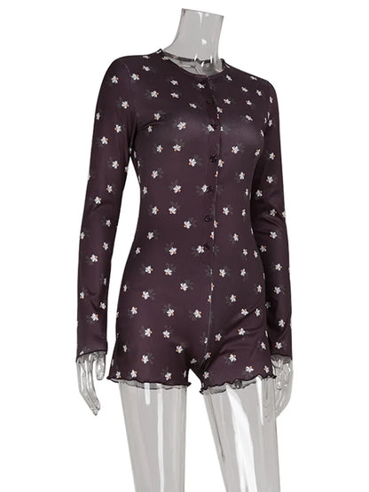 Ahagaga Casual Women Playsuits O-Neck Regular Long Sleeves Print Single Breasted Skinny Homewear Floral Sweet Femlae Rompers