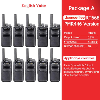 Retevis RT668 Walkie Talkies Long Rang 10PCS Rugged PMR Radio VOX 2 Way Radio for Hotel Restaurant Communication Equipment