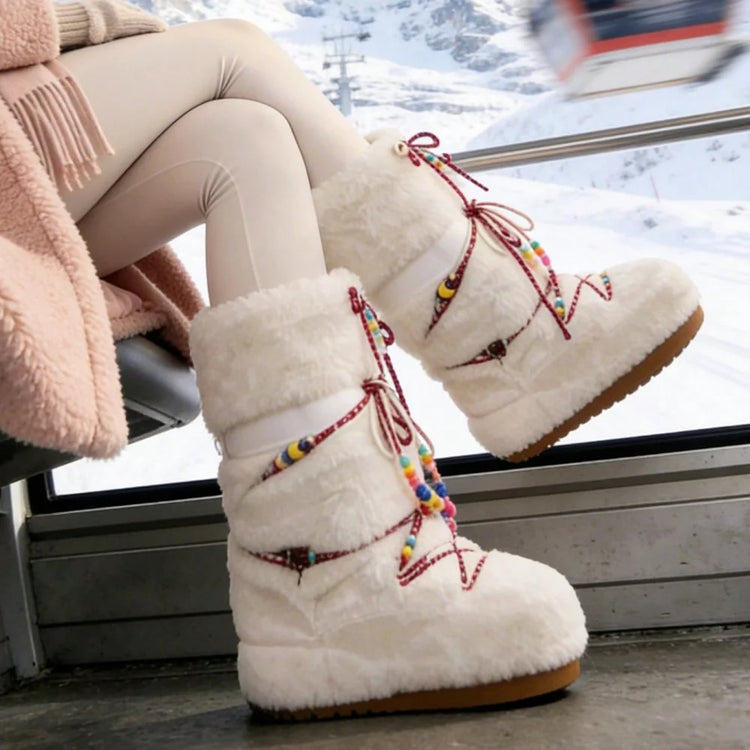 Women Furry Boots Round Toe Flat Slip-on Winter Snow Warm Boots Women Faux Fur Fluffy Warm Boot Fashion Outdoor Mid-Calf Boots Winter Party Flat Shoes