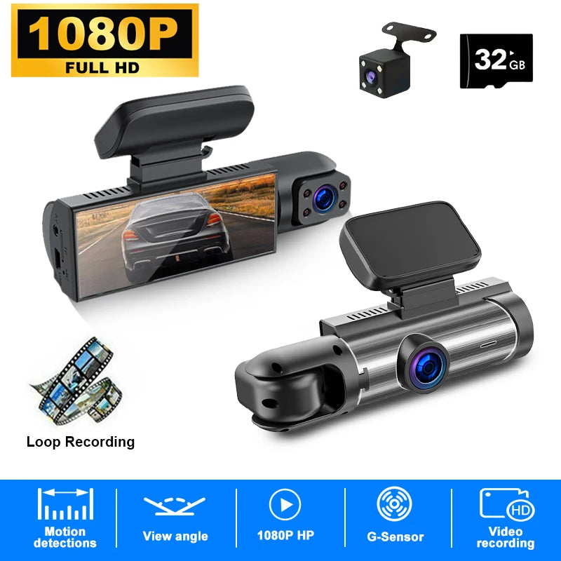 ZNLYRION Driving Recorder M8-32GB Full HD 1080P Car Dashcam Front+Interior Rear Camera 130° Wide Angle Night Vision G-Sensor Parking Monitor Car Driving Recorder
