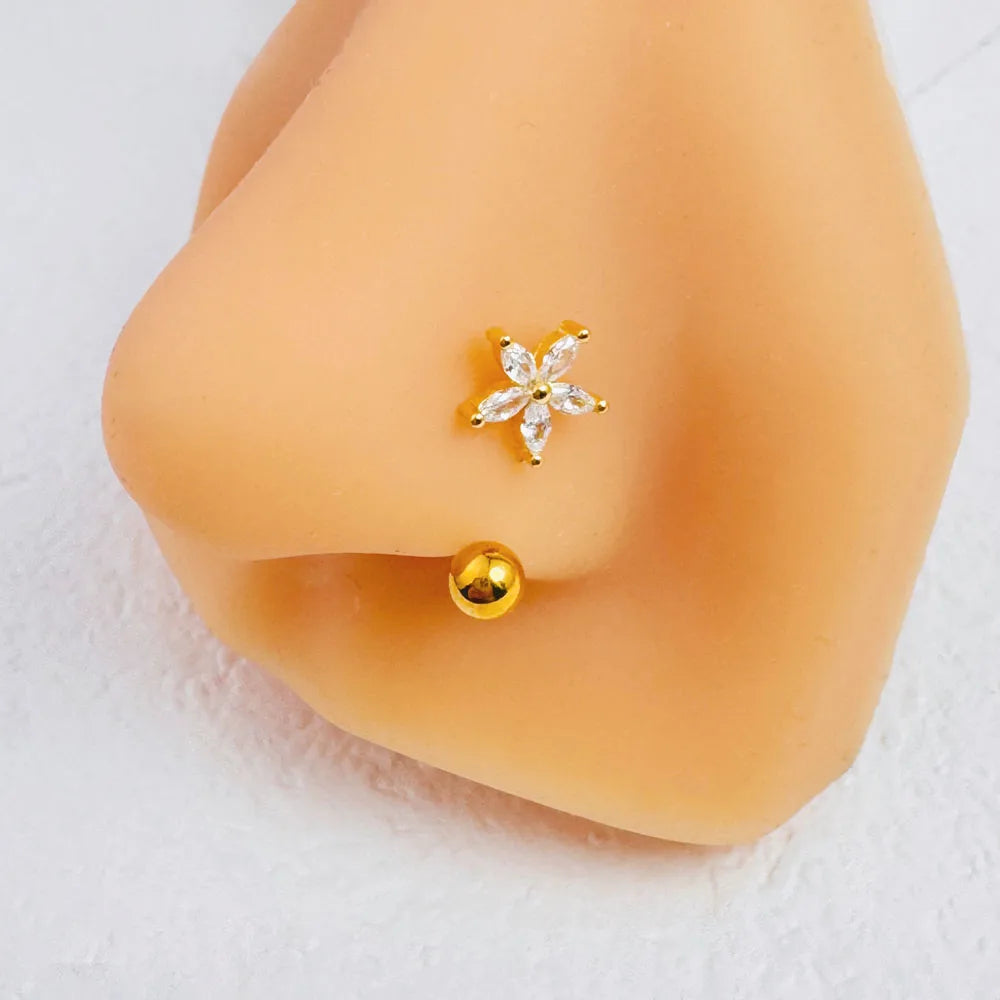 1Pc Zircon Flower-Shaped Nose Ring,14K Gold Plated Stainless Steel Piercing Jewelry for Women Daily Wear Body Piercing Accessory