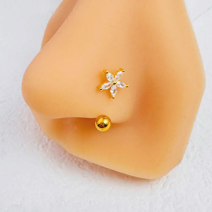 1Pc Zircon Flower-Shaped Nose Ring,14K Gold Plated Stainless Steel Piercing Jewelry for Women Daily Wear Body Piercing Accessory