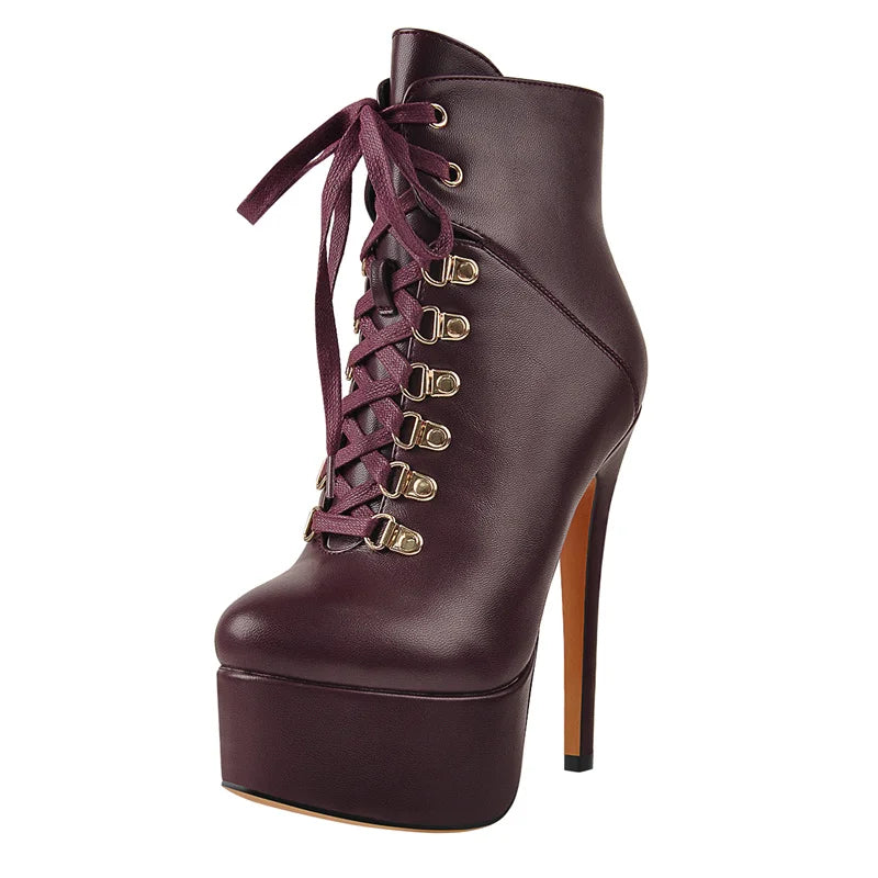 Onlymaker Women Lace-Up Ankle Boots Shoes 16cm High Thin Heel 4cm Platform Fashion Heels Boots Plus Size 35-46