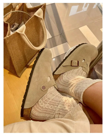 Women Men Suede Leather Clogs Adjustable Buckle Cork Footbed Non-slip Casual Mules Slippers