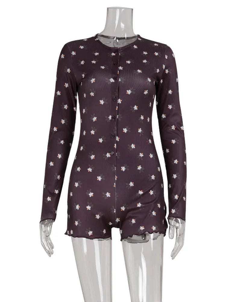 Ahagaga Casual Women Playsuits O-Neck Regular Long Sleeves Print Single Breasted Skinny Homewear Floral Sweet Femlae Rompers