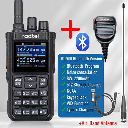 Radtel RT-900 8W Full Band Ham Radio Walkie Talkie 512CH Air Band Two Way Radio Station Aviation Noaa Police Marine River PTT