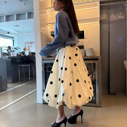 Polka Dot Bubble Skirt Women Summer Elegant Balloon Midi Skirts Vintage high Waist Flattery Puff Vacation Party Long Skirt