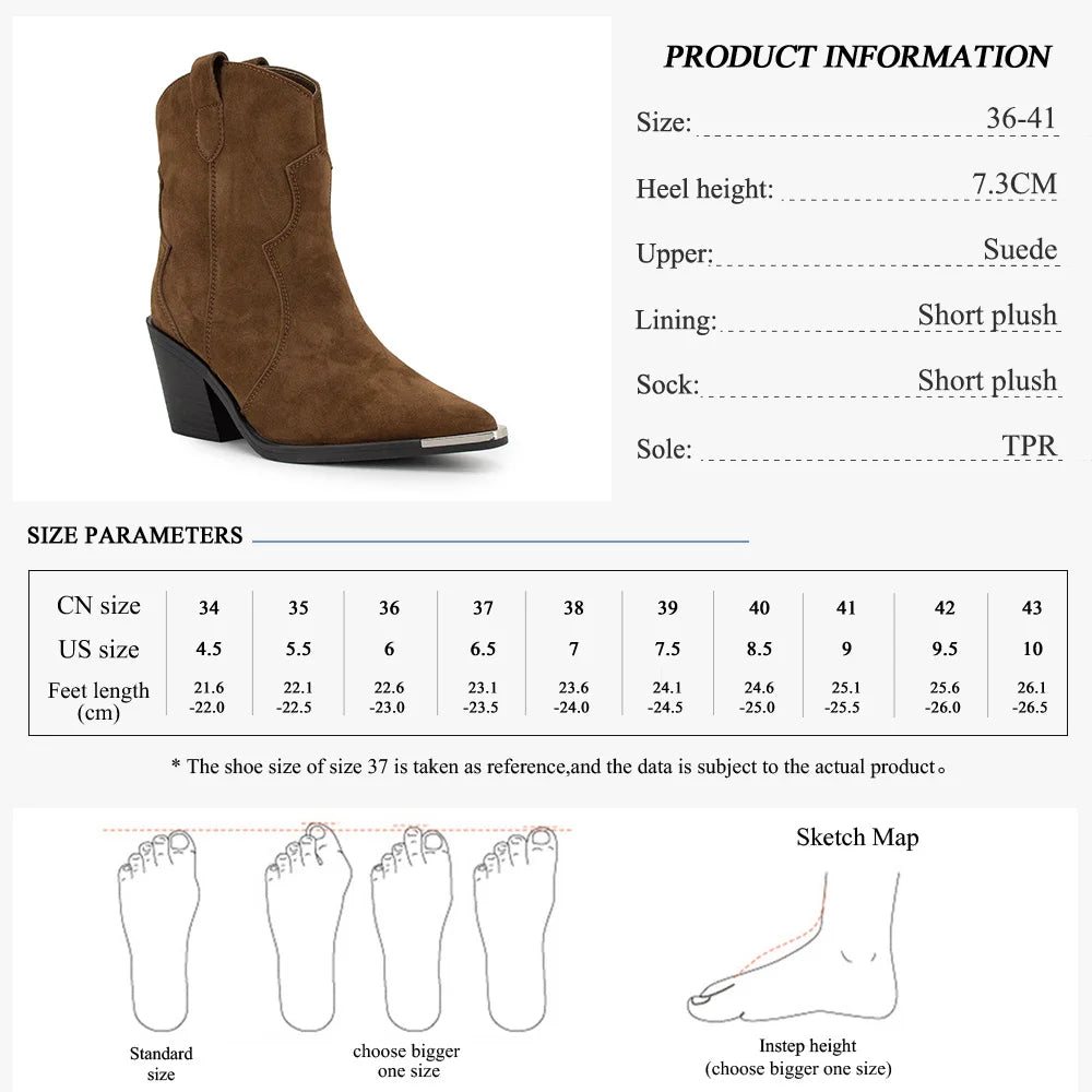GMQM 2025 Women's Comfort Ankle Booties Brown Cowboy Western Boots Metal Heels Block Wide Calf Pointed Toe Slip On Casual Shoes