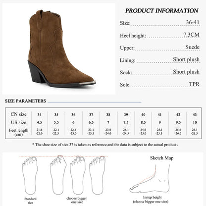 GMQM 2025 Women's Comfort Ankle Booties Brown Cowboy Western Boots Metal Heels Block Wide Calf Pointed Toe Slip On Casual Shoes