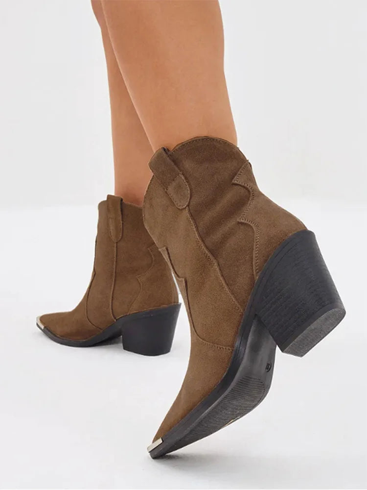 GMQM 2025 Women's Comfort Ankle Booties Brown Cowboy Western Boots Metal Heels Block Wide Calf Pointed Toe Slip On Casual Shoes