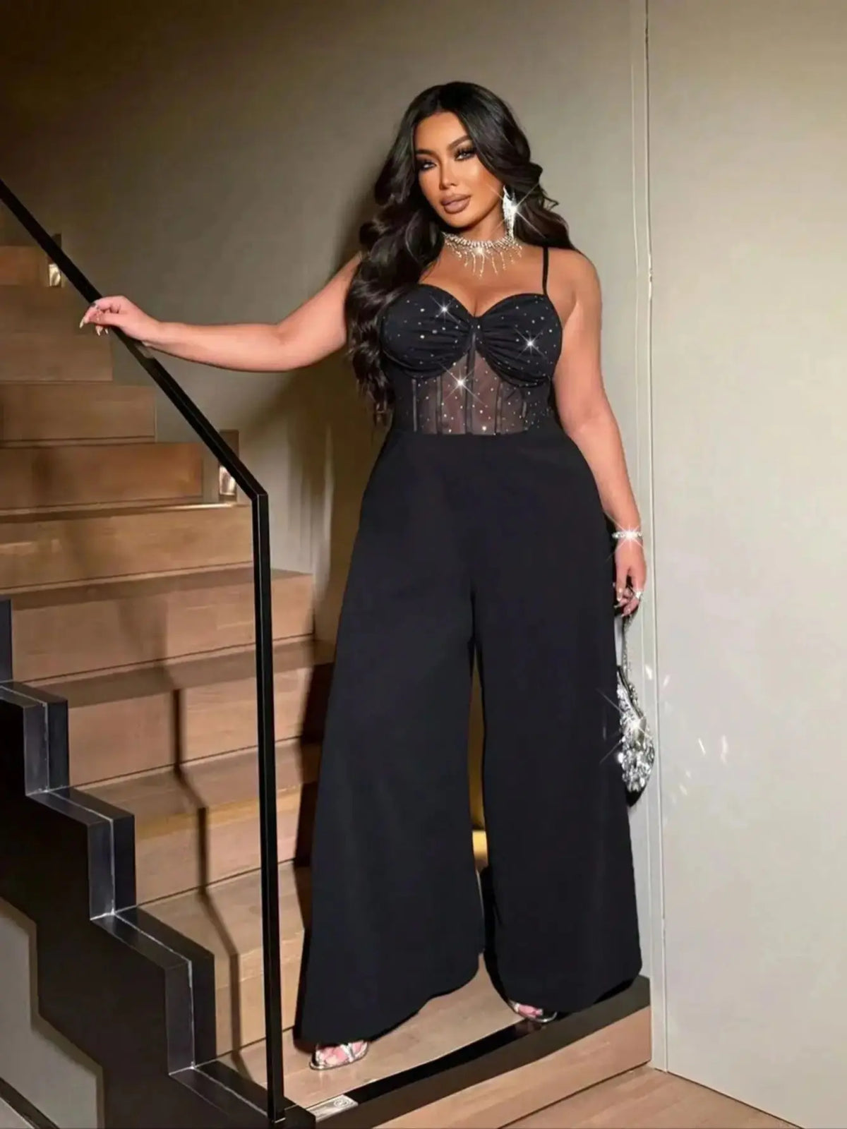 Plus-size women's sexy wide-leg jumpsuit, a stylish backless jumpsuit with shimmering stretch mesh, suitable for dates, parties