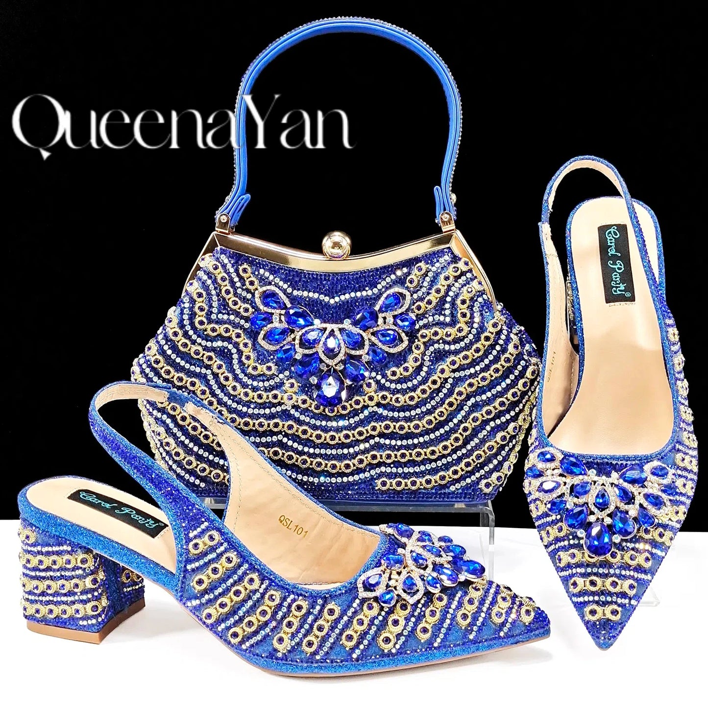 QUEENA Yan  Dazzling Dreams: Full Rhinestone High Heels and Coordinated Bag for Timeless Style