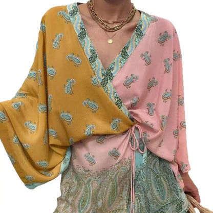Women's Boho Paisley Color Block Romper Long Sleeve V Neck Tie Waist Beach Vacation Playsuit Shorts