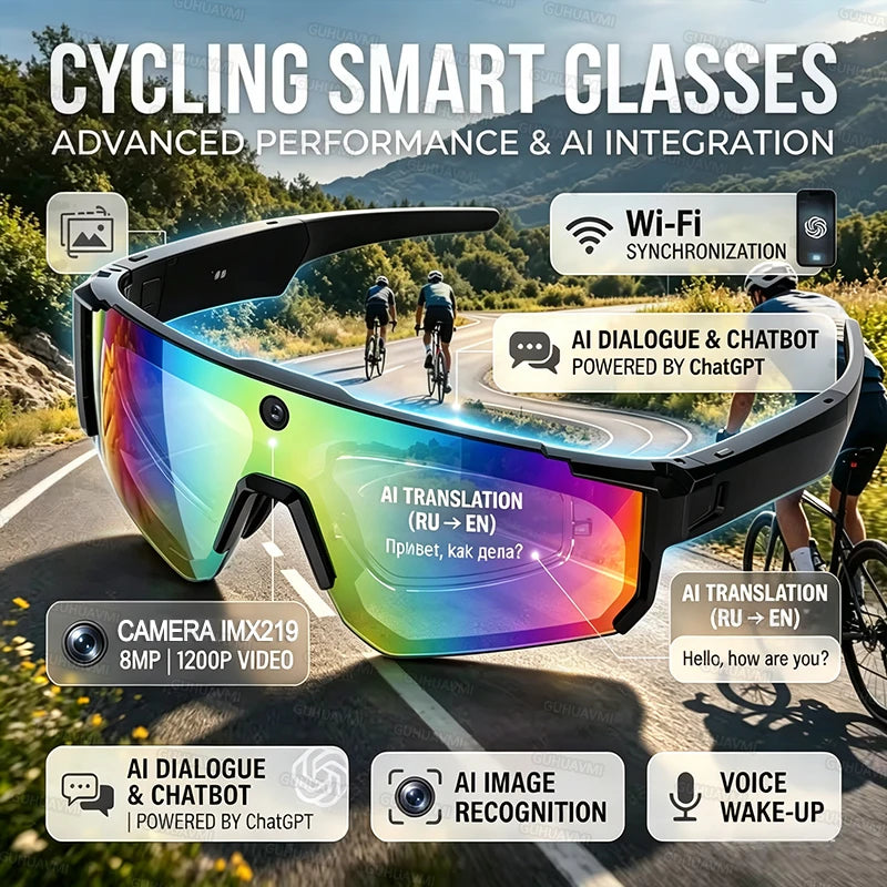 AI Sport Smart Glasses with Camera 4K 60FPS Anti-Shake POV Video Open-Ear Audio Voice Assistant Cycling Sunglasses for Men Women