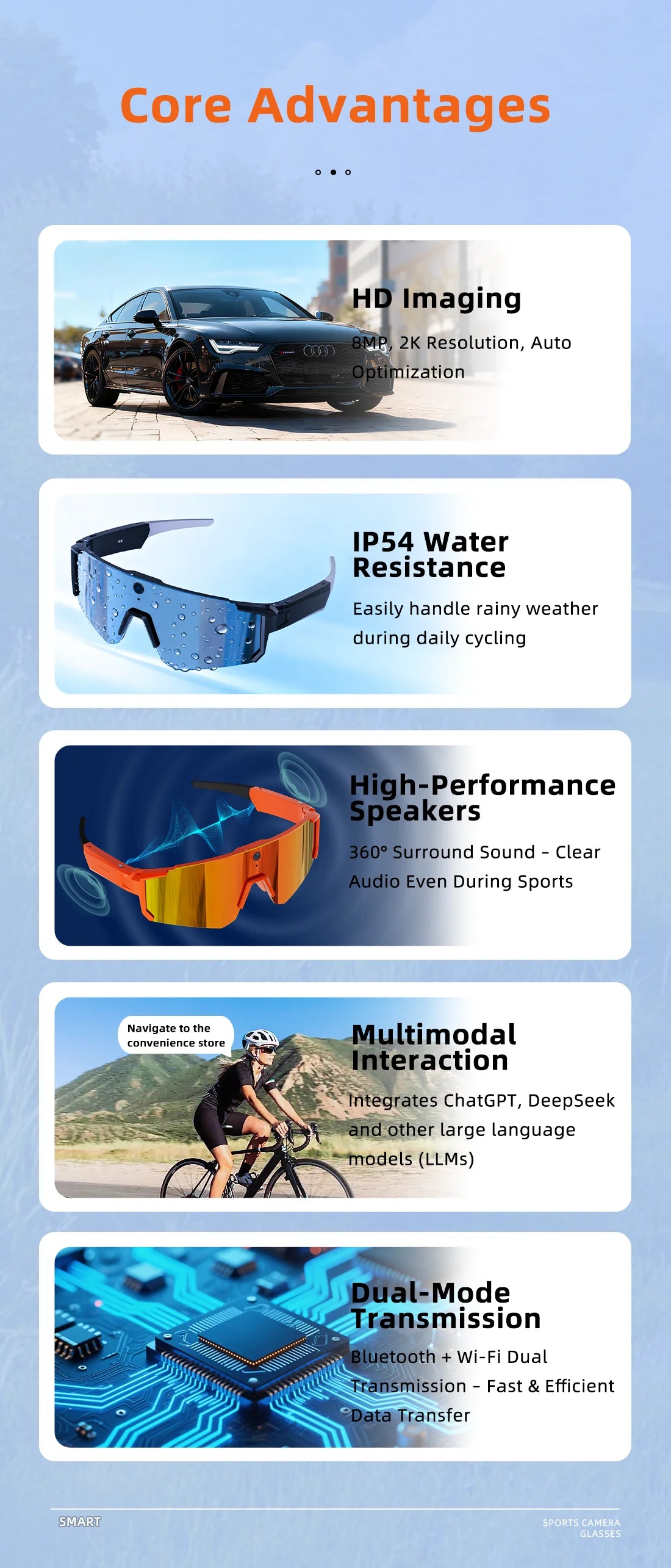 AI Sport Smart Glasses with Camera 4K 60FPS Anti-Shake POV Video Open-Ear Audio Voice Assistant Cycling Sunglasses for Men Women