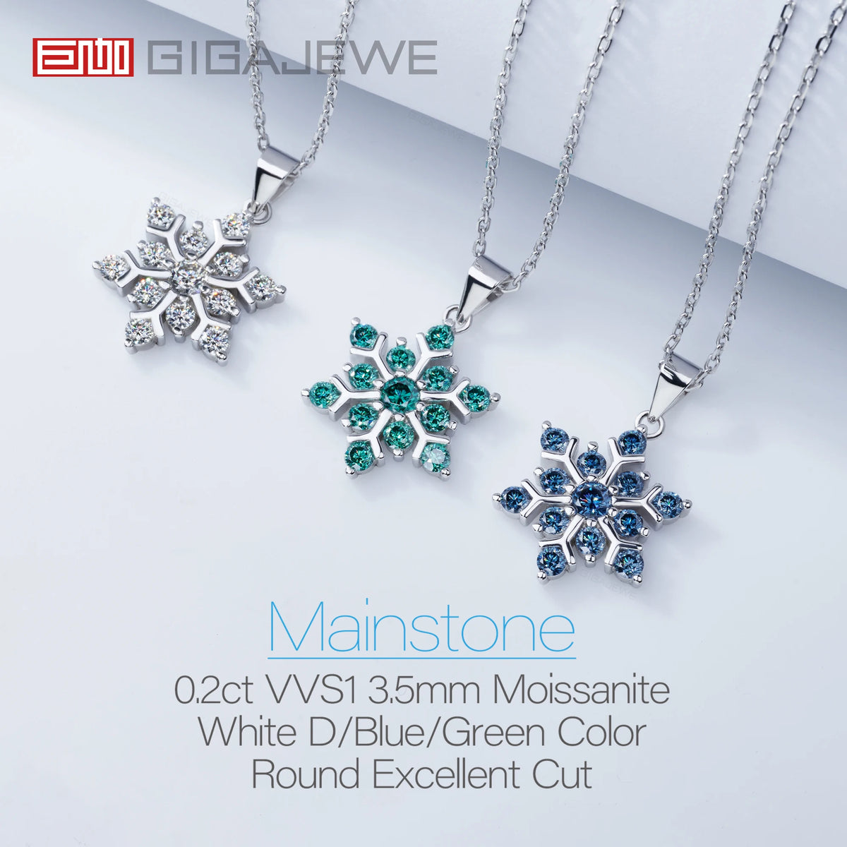 GIGAJEWE 1ct Green Blue Moissanite 18K White Gold Plated Silver Snowflake Necklace 2022 Christmas Limited Edition Gift