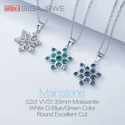 GIGAJEWE 1ct Green Blue Moissanite 18K White Gold Plated Silver Snowflake Necklace 2022 Christmas Limited Edition Gift